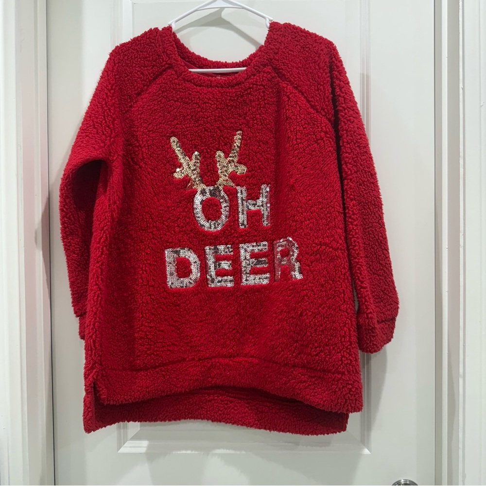 Red Fleece 'Oh Deer' Women’s Christmas Top - size XL